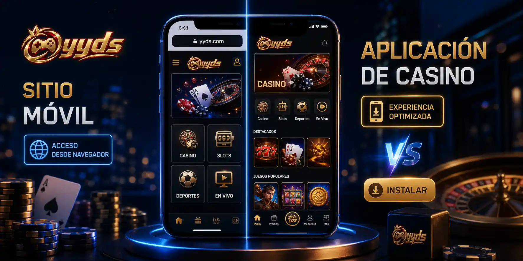 Comparación visual entre el sitio móvil y la aplicación de casino Yyds en un celular