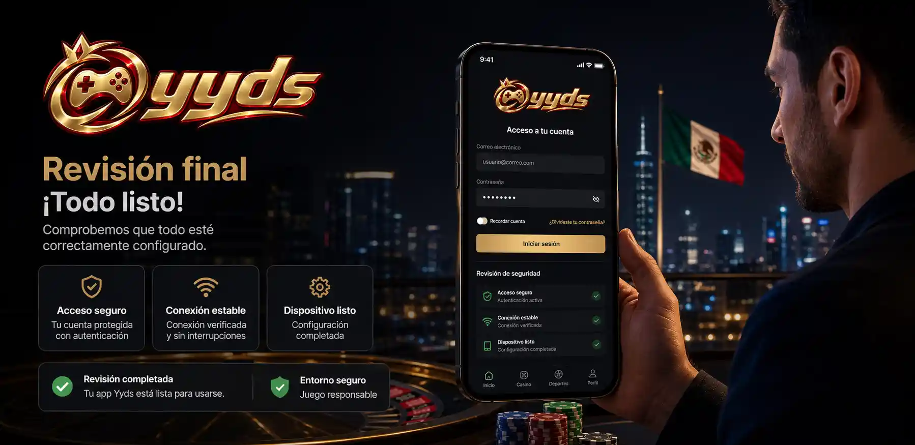 Revisión de seguridad y acceso después de instalar la app móvil de Yyds
