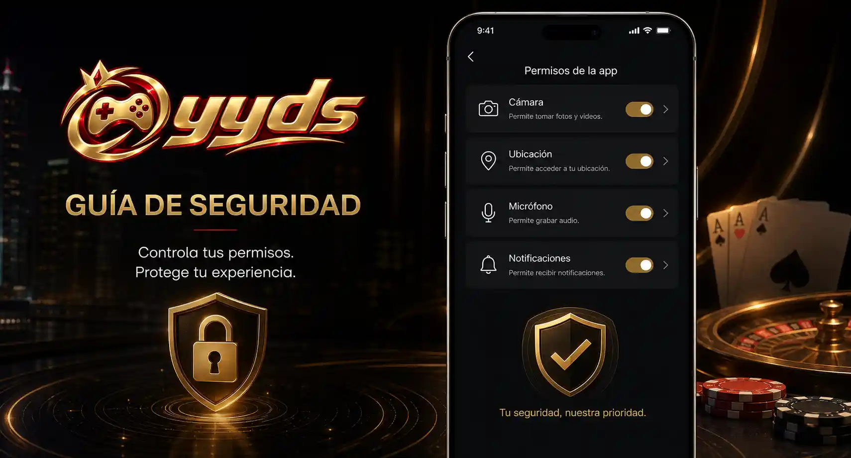 Pantalla móvil de Yyds con permisos de privacidad de una aplicación de casino