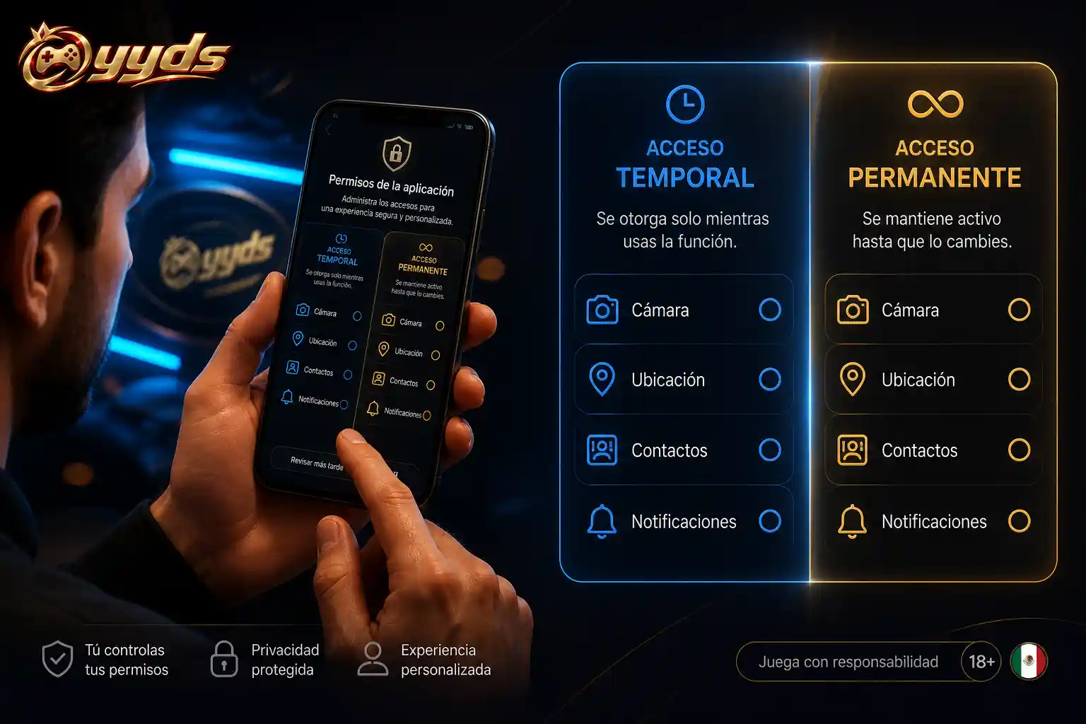 Usuario revisando permisos de cámara, ubicación y notificaciones en una app de casino