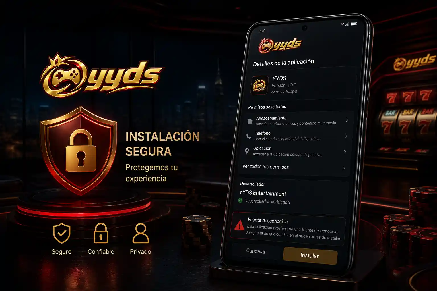 Pantalla móvil con permisos y datos del desarrollador antes de instalar una aplicación