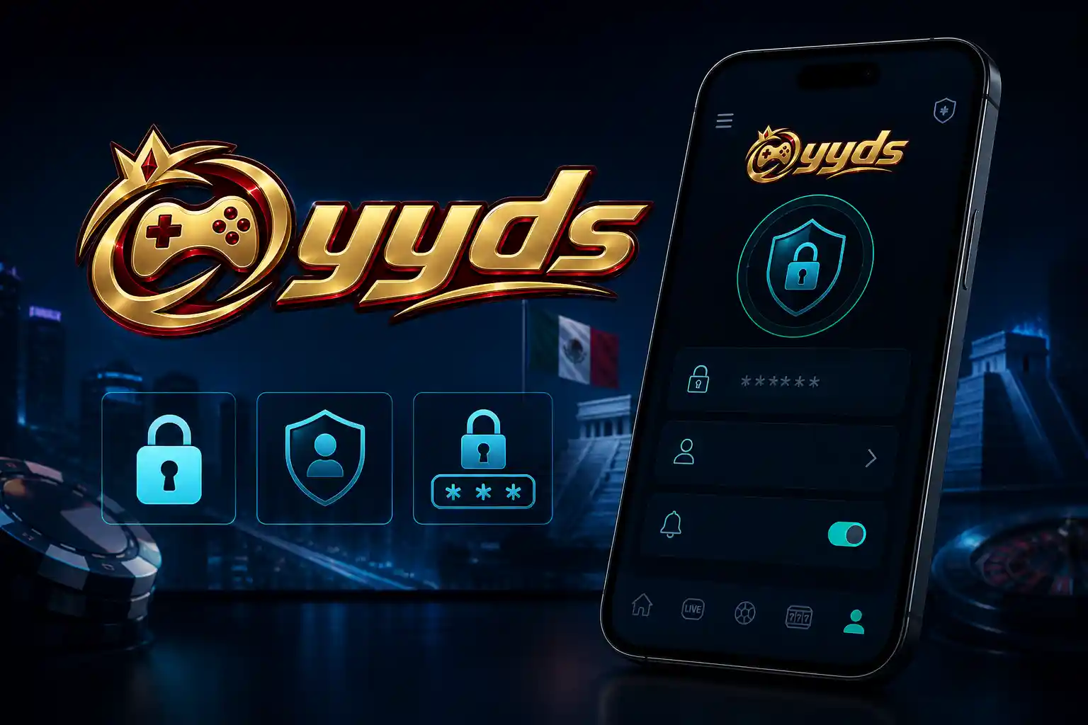 Smartphone con una interfaz de seguridad y privacidad para una app móvil de Yyds