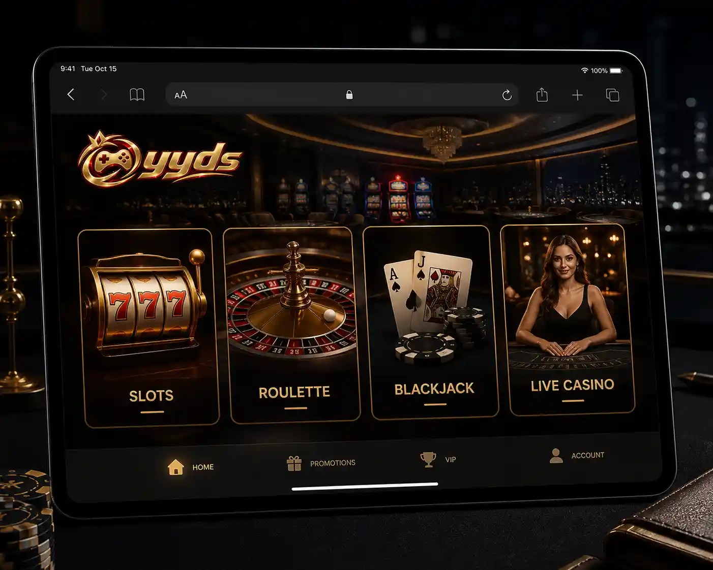 Interfaz de categorías de casino de Yyds abierta en Safari en un iPad