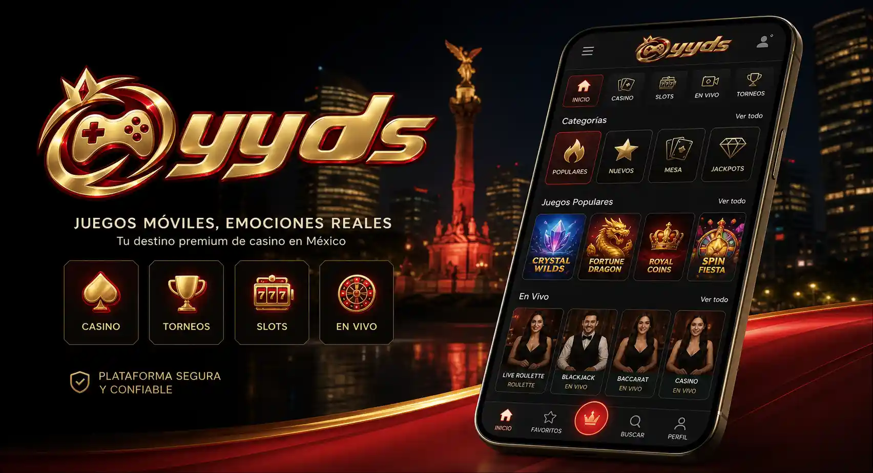 Interfaz móvil de Yyds con acceso a juegos de casino desde un celular